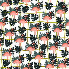 Tropical jungle seamless pattern - palm tree leaves and flamingo. Hand drawn flat style summer background