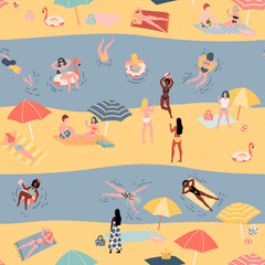 Summer seamless pattern with people on the beach. Hand drawn doodle style background