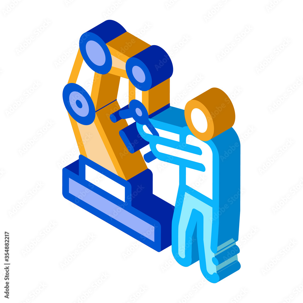 Poster man and robot arm icon vector. isometric man and robot arm sign. color isolated symbol illustration