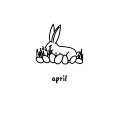 Cute bunny and eggs. Easter hand drawn doodle style illustration for holiday april page. Wall monthly calendar or desk calendar