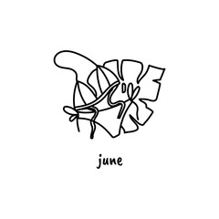 Bikini and palm leaf doodle style illustration. Hand drawn calendar page print. June
