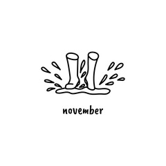 Autumn doodle hand drawn rubber boots in a puddle. Illustration for wall or desk monthly calendar