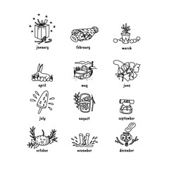 Cute doodle hand drawn illustrations for monthly wall or desk calendar.