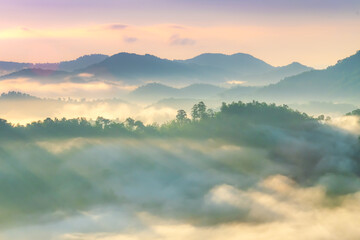 Fototapeta na wymiar Beautiful Landscape of mountain layer in morning sun ray and winter fog.