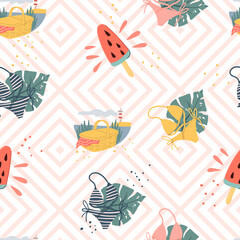 Summer tropical palm leaves, ice cream and picnic seamless pattern, hand drawn doodle style. Pale pink geometric background. Nature wallpaper.