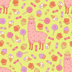 Cute llama and sweets seamless vector pattern.