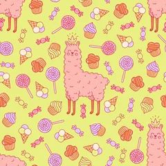 Foto auf Glas Cute llama and sweets seamless vector pattern. © Жанна маркина