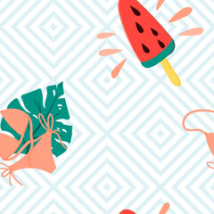 Seamless summer pattern. Tropical palm leaves, watermelon ice cream and bikini on the black and white geometrical ornament background