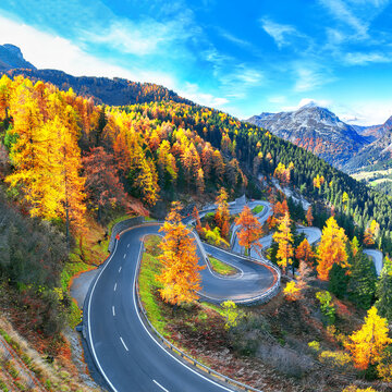 Stunning view of Maloja pass road at autumn time.