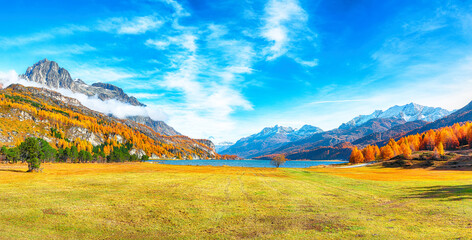 Charming autumn scene in Swiss Alps and views of Sils Lake (Silsersee).