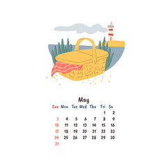 Hand drawn doodle style picnic basket on the beach near the lighthouse. Spring or summer vacation. Calendar page template