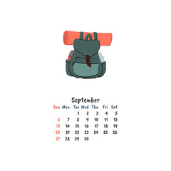 Doodle backpack illustration. Hand drawn hiking, travel, camping bag. Wall or desk monthly calendar. September.