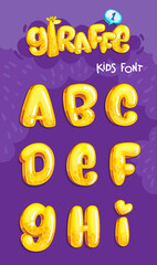 Cartoon kids vector color font. Giraffe illustration yellow letters set 1