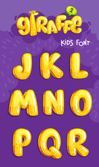 Cartoon kids vector color font. Giraffe illustration yellow letters set 2