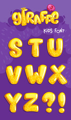 Cartoon kids vector color font. Giraffe illustration yellow letters set 3