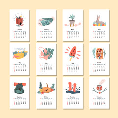 Calendar 2020 hand drawn doodle style pages. Winter season Christmas present, spring picnic, summer pulm leaf and autumn pumpkin. Wall monthly calendar.