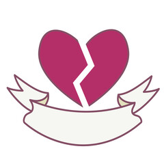 Broken heart with ribbon. Flat vector illustration isolated on a white background End to relationship or marriage. Break up and separation split of couple, cracked love