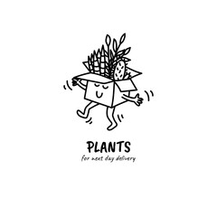 Cute funny box character delivers plants. Hand drawn doodle style illustration.