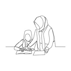 Continuous line drawing of two muslim business women read and discussing job paper. Vector illustrarion