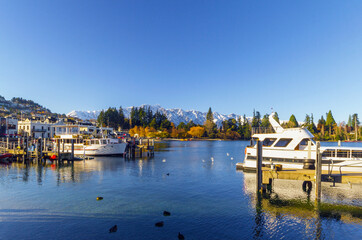 Fototapeta na wymiar Queenstown Boat Marina and Harbour, Landscape Scenery of Lake Wakatipu Queenstown New Zealand; South Island