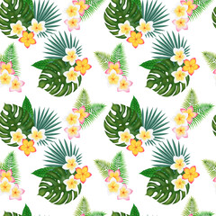 Seamless tropical leaves and  plumeria flowers pattern on the white background. Hand drawn digital illustration of tropical pattern. Jungle leaves and flowers background. Plumeria flower pattern.