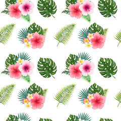 Seamless tropical leaves and flowers pattern on the white background. Hand drawn digital illustration of tropical flowers pattern. Jungle leaves and flowers background. Pink hibiscus flower pattern.