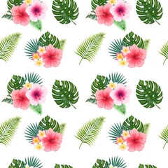 Poster Seamless tropical leaves and flowers pattern on the white background. Hand drawn digital illustration of tropical flowers pattern. Jungle leaves and flowers background. Pink hibiscus flower pattern. © Таня Дроздова