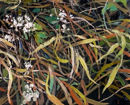 Floral pattern. Randomly intertwined different plants, grass and flowers in a field on the ground. Oil painting on canvas.                               