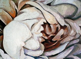 A bud of tender blooming peony with opening petals. Primary colors: white, brown, gray and orange. Oil painting on canvas                               
