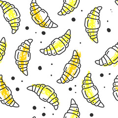 Croissant seamless pattern. Doodle style hand drawn illustration.