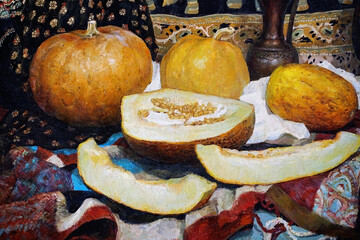 Folk, Ethnic still life in Asian style, with different fabrics and materials full of ornaments and such food as pumpkins and melons. Oil painting on canvas.   