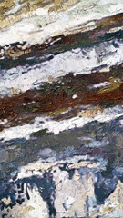 Expressive oil paints in natural, earthy tones. Stripes of snow and ground on the hillside. Primary colors: gray, brown,  bronze, blue, ocher and black. Abstract art.                               