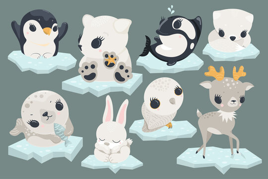 Cute kawaii arctic polar baby animals set on ice as vector illustration. Concept for children book, nursery, Christmas or New year party, baby shower