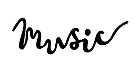 Obraz premium Hand drawn lettering with word music. sign icon. modern calligraphy quote. Hand written lettering text, isolated on white background. Vector illustration phrase.