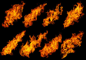 Fire collection set of flame burning isolated on dark background for graphic design purpose