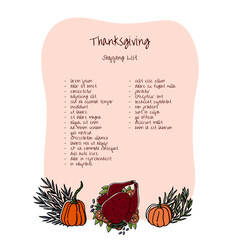 Thanksgiving shopping list template with hand drawn doodle style cartoon turkey and pumpkins, willow eucaliptus.