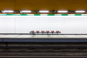 Santiago de Chile, Region Metropolitana, Chile, South America - Seats at an empty station of the...