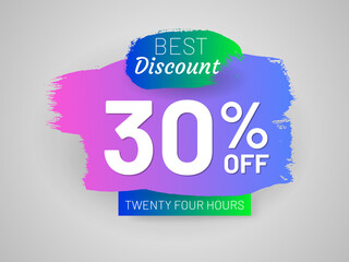 Discount sale tag and paintbrush stroke. 30 percent off banner. Flat gradient design with shadow. Best discount label. Commercial advertisement and holiday shopping. Weekend discount proposition