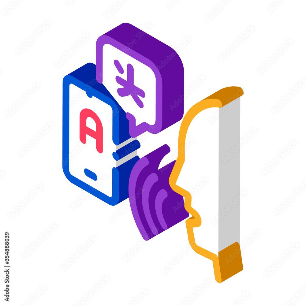 Poster voice interpreter translator icon vector. isometric human speaking and smartphone interpreter transl