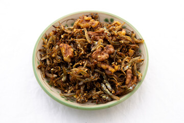 Soy sugar glazed anchovies and walnut which is called Hodu Myulchi Bokkeum