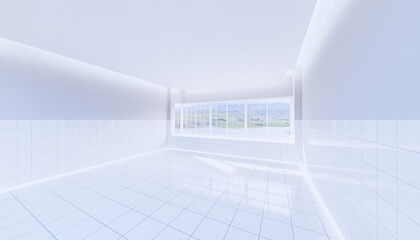 3d rendering of empty toilet room and white tile floor  reflection with clear glass window in perspective view, clean and new condition use to background.