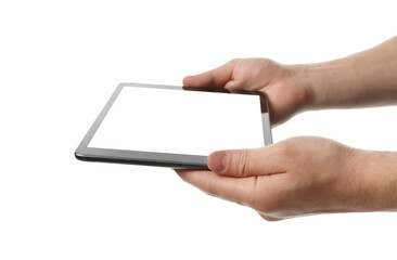 Man holding tablet computer with blank screen on white background, closeup. Modern gadget