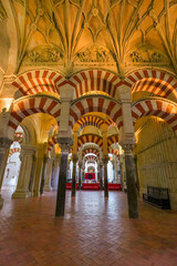 Panoramic view of the interior of the Mezquita, Cathedral of Córdoba, Spain.