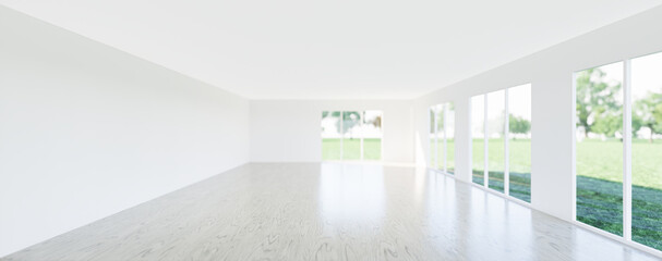 3d rendering of empty room and wood floor shiny reflection with clear glass door in perspective view, clean and new condition use to background.