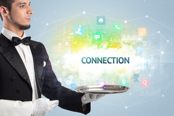 Waiter serving social networking concept with CONNECTION inscription