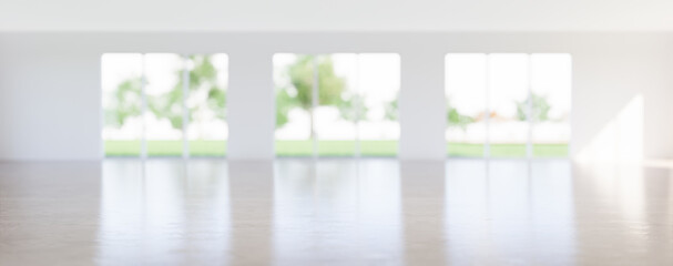 Fototapeta premium 3d rendering of empty room and wood floor shiny reflection with clear glass door in perspective view, clean and new condition use to background.