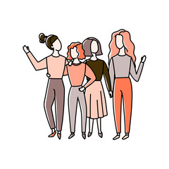 Group of women hugging. Doodle style hand drawn girl support and friendship concept illustration.