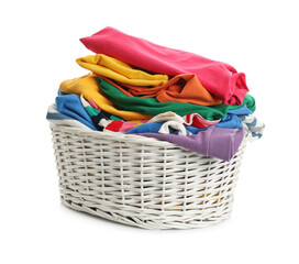Wicker laundry basket with different clothes isolated on white