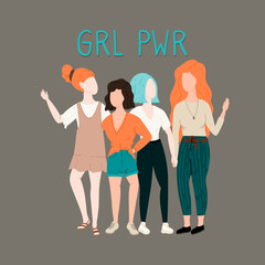 Group of women hugging. Doodle style hand drawn girl support and friendship concept illustration.