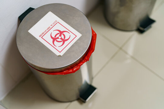 Close up bin for hazardous waste in hospital.